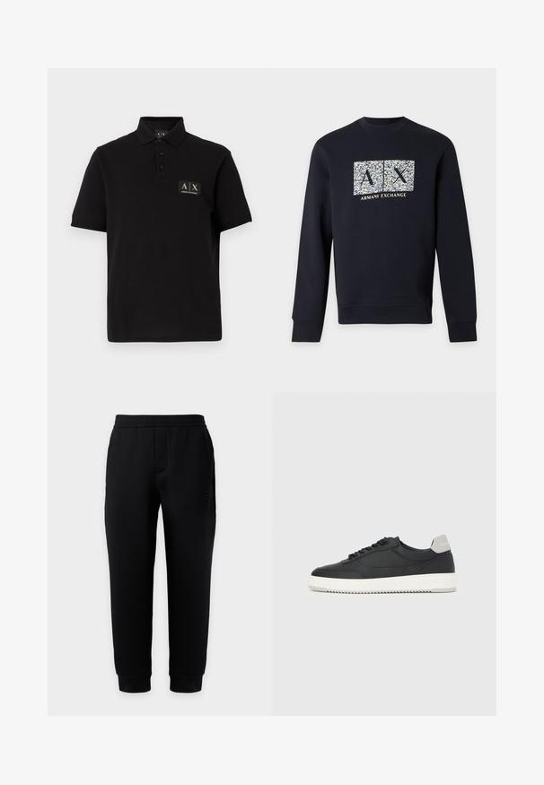 Sweat-shirt noir à manches longues avec un logo texturé A et X et le texte "Armani Exchange" centré sur la poitrine.; Polo noir en coton, avec un col classique, trois boutons et un patch logo rectangulaire en or et noir.; Pantalon de jogging noir ajusté avec taille et poignets élastiques, poches latérales et logo discret sur la cuisse droite sur fond uni.; Baskets basses noires avec semelle blanche et languette grise au talon, vue de profil sur un fond blanc uni.