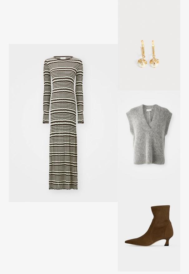 Gilet sans manches en maille grise douce et duveteuse avec un col en V profond et des épaules larges, posé à plat sur un fond blanc.; Robe longue à manches longues, ornée d'un motif rayé en marron foncé et crème. Fabriquée en tissu texturé et plissé.; Bottine marron à la cheville avec un bout pointu et un petit talon bas, fabriquée en matériau lisse, présentée sur un fond uni.; Boucles d'oreilles créoles en or avec des perles blanches pendantes serties d'or et de petits cristaux clairs sur un fond clair uni.