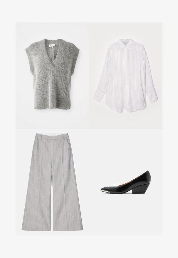 Gilet sans manches en maille grise douce et duveteuse avec un col en V profond et des épaules larges, posé à plat sur un fond blanc.; Chemise blanche à manches longues avec des rayures verticales gris clair, col boutonné et poignets retournés. Tissu doux avec une coupe légèrement oversize.; Pantalons larges gris à rayures verticales, présentant une texture lisse et un subtil éclat. Comprend des poches avant et une ceinture.; Chaussure femme noire à talon bas avec bout pointu, bride transparente et détail blanc sur l'avant de la semelle, vue de profil sur fond blanc.