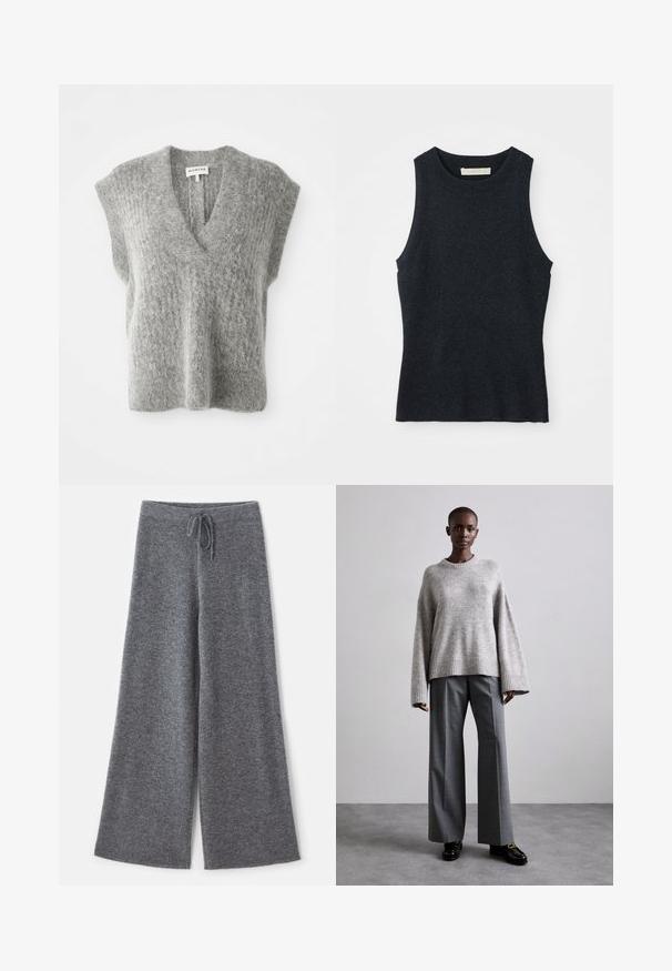 Gilet sans manches en maille grise douce et duveteuse avec un col en V profond et des épaules larges, posé à plat sur un fond blanc.; Débardeur en tricot gris foncé sans manches avec col rond, posé à plat sur un fond blanc.; Pantalons larges gris en tissu tricoté doux avec une taille élastique à cordon, mettant en valeur une surface texturée et des bords nets.; Pull en maille gris avec des manches larges et un ourlet côtelé, assorti à un pantalon gris taille haute avec un motif à carreaux discret et des mocassins noirs.