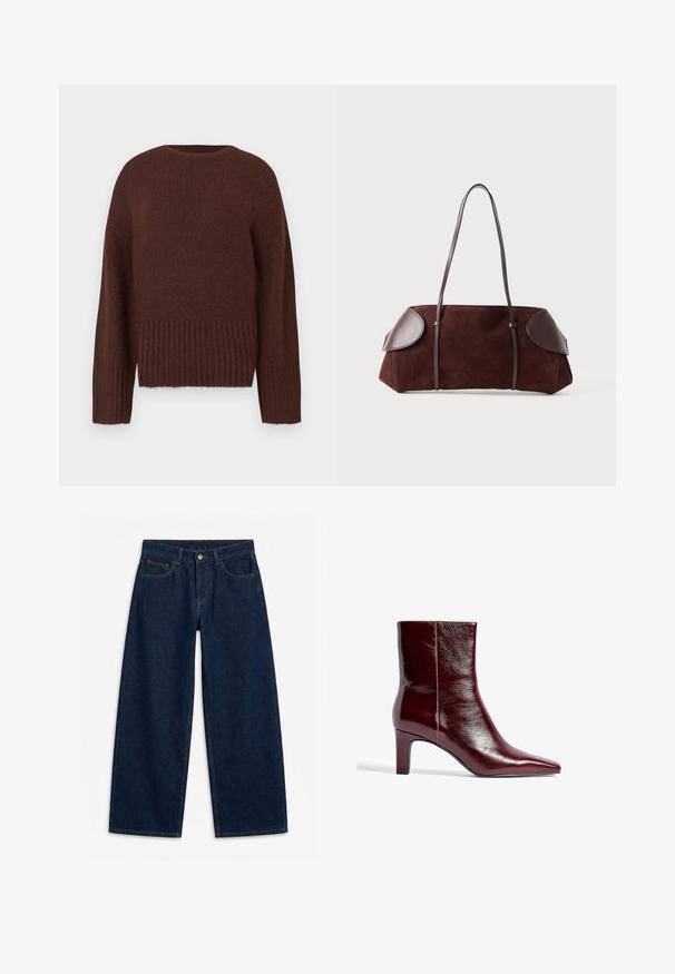 Brun strikket sweater med ribbet kant og ærmer. Har en rund halsudskæring og en tekstureret overflade. Regular fit-design.; Mørkeblå vidde denimjeans med frontknap og lynlås, bæltestropper og femlomme-stil, lagt fladt på en hvid baggrund.; Burgundy læder ankelstøvle med spids tå, slankt design og en mellemstor blokhæl. Glat tekstur og minimal sømdetaljering.; Brun ruskinds taske med læderdetaljer, struktureret form, dobbelte skulderstropper og afrundede kanter, som har en glat tekstur og minimal hardware.