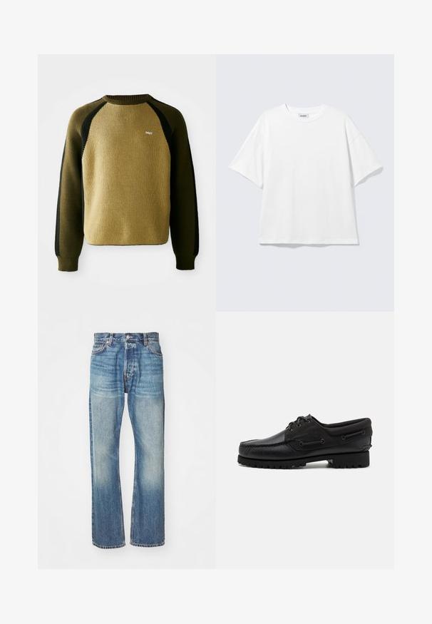 Suéter de punto verde oliva y negro con mangas raglán, cuello redondo acanalado y pequeño logo blanco en el pecho. Tejido texturizado.; Camiseta blanca de gran tamaño con mangas cortas, cuello redondo y hombros caídos, plana sobre fondo gris claro.; Jeans de mezclilla azul claro con un diseño clásico de pierna recta, acabado desgastado y costuras visibles en toda su extensión. Presenta bolsillos frontales y trabillas para cinturón.; Zapato negro con parte superior de cuero, acentos de textil, cordones redondos y suela de goma texturizada. Presenta costura de mocasín y detalle de marca.