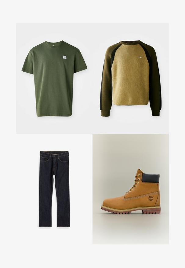 Suéter de punto verde oliva y negro con mangas raglán, cuello redondo acanalado y pequeño logo blanco en el pecho. Tejido texturizado.; Camiseta de algodón verde oliva con cuello redondo, mangas cortas y un pequeño parche de logo en el lado izquierdo del pecho. Textura suave, corte relajado.; Jeans de mezclilla rectos de color azul oscuro con bolsillos frontales, lazos para cinturón y costuras naranjas en contraste, dispuestos sobre un fondo blanco.; Bota de tobillo de cuero marrón con cuello negro, cordones amarillos y suela beige. Presenta un logotipo y detalles de costura blanca. Suela exterior con tracción robusta.