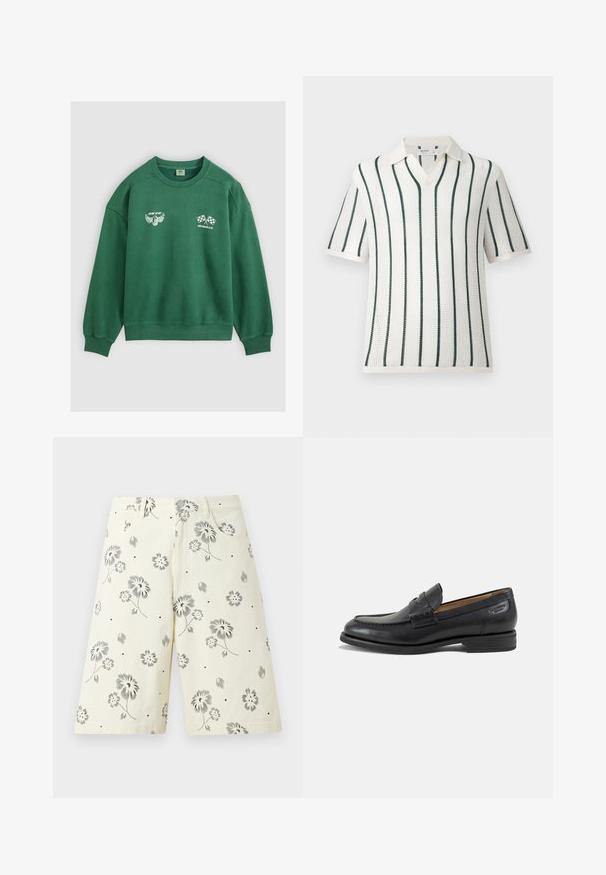 Sweat-shirt vert à col rond avec des poignets côtelés, présentant un motif blanc de pneu ailé et des drapeaux à damier croisés avec le texte « Levi Strauss & Co. ».; Polo en maille blanche à manches courtes avec des rayures verticales vert foncé et un col doux, présenté sur un fond uni clair.; Shorts crème longueur genou avec imprimé floral noir, poches avant, passants de ceinture et fermeture à glissière.; Mocassin homme en cuir noir avec détails cousus, talon bas en empilage et une sangle étroite sur le dessus, présenté de côté sur fond blanc.