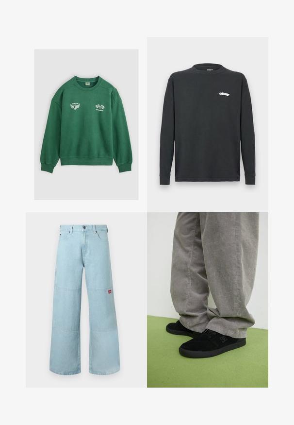 Grøn crewneck sweatshirt med ribstrikkede manchetter, med hvidt grafik af vingeformet dæk og krydsede ternede flag med teksten "Levi Strauss & Co.".; Sort langærmet T-shirt lavet af bomuld, med rund hals og et hvidt "obey" logo på venstre bryst. Glat tekstur, afslappet pasform.; Lyseblå vidde jeans i denim med kontrastpatches. Har en frontknaplukning og en lille logopatch på sidelommen.; Sorte ruskind skate sko med en struktureret finish og et logo, parret med grå cordurypants med en ribbet tekstur. Grøn gulvoverflade.
