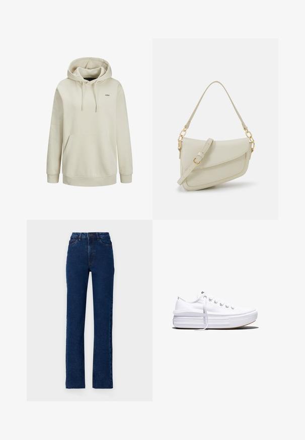 Beige capuchontrui met voorzak, trekkoord bij de capuchon, geribbelde manchetten en een klein zwart "JJXX" logo op de linkerborst.; Hoge taille donkerblauwe denim jeans met een rechte pijp, vijf zakken en contrasterende stiksels langs de naden.; Witte lage canvas sneaker met dikke plateauzool, veters aan de voorkant en rubberen toeskap met structuur, zijaanzicht.; Kleine crèmekleurige handtas met een textuurafwerking, een lange verstelbare schouderband, een kettingaccent en een klepsluiting. Gouden hardware-details.