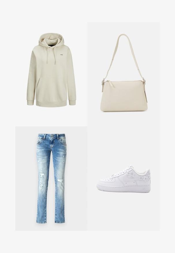 Beige capuchontrui met voorzak, trekkoord bij de capuchon, geribbelde manchetten en een klein zwart "JJXX" logo op de linkerborst.; Lichtblauwe denim jeans met een relaxte pasvorm, voorzien van versleten details, een knopenfly met twee knopen en rechte pijpen.; Witte lage sneaker met geperforeerde neus, Nike-logo en decoratieve witte bloemmotieven op de hiel en zijkant.; Beige schoudertas van glad leer met een ritsluiting. Kenmerkt zich door een eenvoudig ontwerp, een slanke schouderband en metalen hardwareaccenten.