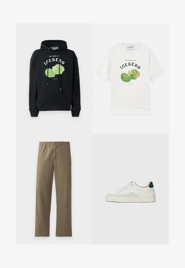 Sort hættebluse med snore og frontgrafik af et grønt salatdesign. Har trykte tekster: "SMAGEN FOR ISBERG" og "Siden 1974."; Hvid bomulds T-shirt med et grafisk motiv af iceberg salat, med sort tekst der står "SMAGEN AF ICEBERG" og "Siden 1974."; Khaki bukser lavet af letvægtsmateriale. Har en elastisk talje, knaplukning, lige ben og en glat overflade.; Hvide sneakers med ruskindsdetaljer, rund tå, flade snørebånd og en cremet gummisål. Har grøn branding på hælen.