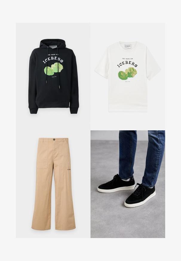 Sweat à capuche noir avec cordons et graphique frontal d'un design de laitue verte. Comprend du texte imprimé : "LE GOÛT DE L'ICEBERG" et "Depuis 1974."; T-shirt en coton blanc avec une illustration de laitue iceberg, accompagnée de texte noir indiquant "LE GOÛT POUR L'ICEBERG" et "Depuis 1974."; Pantalons cargo larges en coton beige avec des poches avant et un logo sur la poche arrière. Tissu léger avec une texture douce.; Des baskets en suède noir avec une semelle en caoutchouc blanc, présentant un design classique à talon bas, un bout rond et des lacets plats noirs.