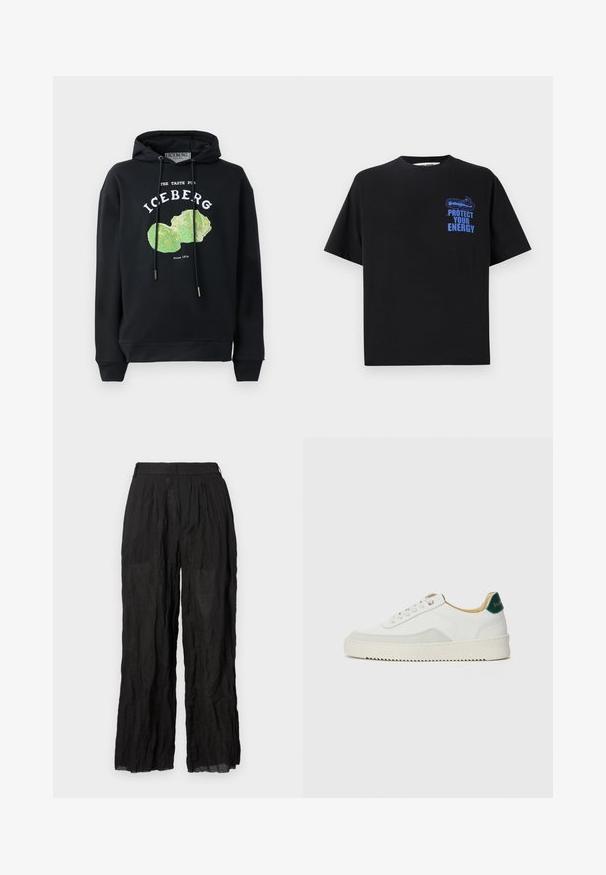 Sort hættebluse med snore og frontgrafik af et grønt salatdesign. Har trykte tekster: "SMAGEN FOR ISBERG" og "Siden 1974."; Sort bomulds t-shirt med korte ærmer, der har blå tekst "BESKYT DIN ENERGI" og et grafisk design på den øverste venstre side.; Sorte linned brede bukser med en struktureret overflade. Har en elastisk talje og diskrete folder.; Hvide sneakers med ruskindsdetaljer, rund tå, flade snørebånd og en cremet gummisål. Har grøn branding på hælen.