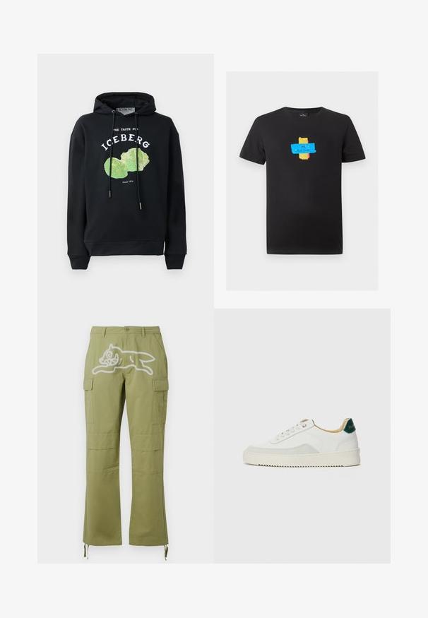 Sort hættebluse med snore og frontgrafik af et grønt salatdesign. Har trykte tekster: "SMAGEN FOR ISBERG" og "Siden 1974."; Sort kortærmet T-shirt med farverigt blå, guld og pink tape grafik i midten, med teksten "PS Paul Smith" på den blå tape.; Icecream RUNNING DOG PANTS - Cargobukser - green; Hvide sneakers med ruskindsdetaljer, rund tå, flade snørebånd og en cremet gummisål. Har grøn branding på hælen.