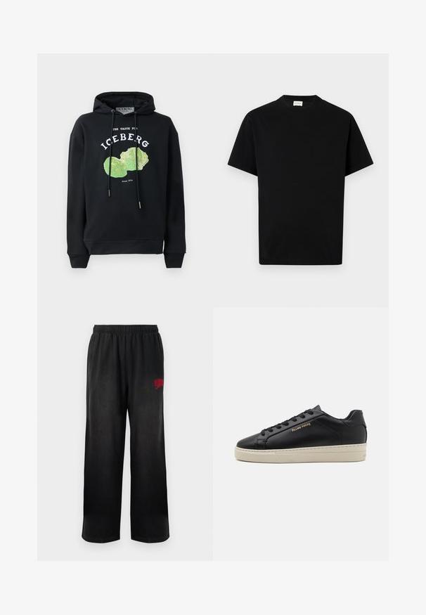 Sort hættebluse med snore og frontgrafik af et grønt salatdesign. Har trykte tekster: "SMAGEN FOR ISBERG" og "Siden 1974."; Sort bomuld t-shirt med rund hals, korte ærmer og lige snit. Ingen synlige mønstre eller hardwaredetaljer.; Sorte sweatpants med elastisk talje og sidelommer. Har rød "Billionaire Boys Club" logo på højre lår. Blød, glat tekstur.; Sorte lædersneakers med en glat finish, kontrasterende cremefarvet sål, rund tå, guld logo på siden og seks huller til snørebånd.