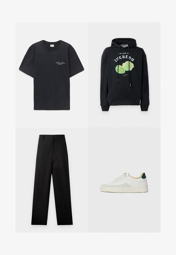 Zwart hoodie met trekkoord en voorop een grafisch ontwerp van een groene ijsbergsla. Bevat bedrukt tekst: "DE SMAAK VAN IJSSLA" en "Sinds 1974."; Zwarte korte mouwen crew neck t-shirt met klein wit "Filling Pieces" tekstlogo op de linkerborst.; Zwarte broek van katoen met een rechte pijpdesign, voorzien van een sluiting met een knoop aan de voorkant en zijzakken. Gladde textuur, geen patronen.; Witte sneaker met suède accenten, ronde neus, platte veters en een crème rubberen zool. Bevat groene branding op de hiel.