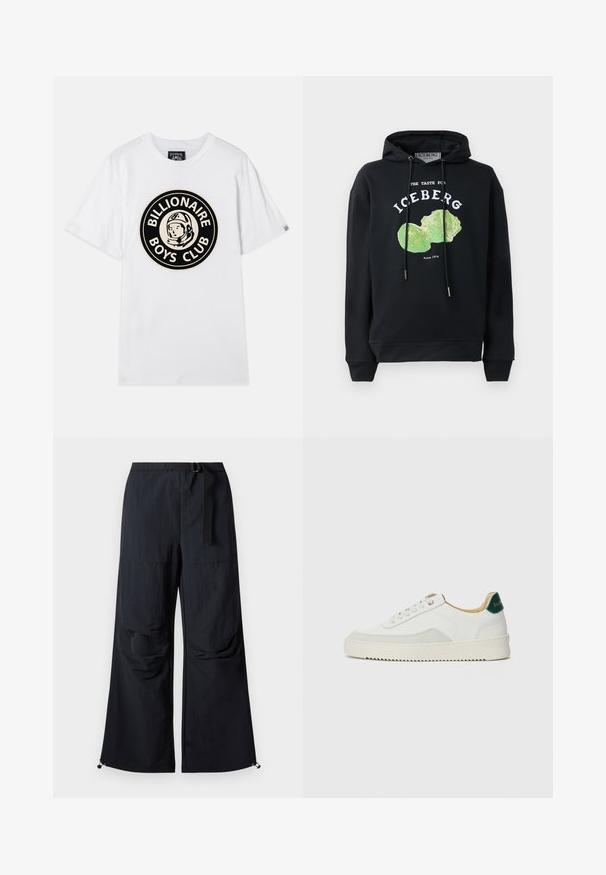 Sudadera negra con cordones y un gráfico frontal de un diseño de lechuga verde. Presenta texto impreso: "EL SABOR DEL ICEBERG" y "Desde 1974."; Camiseta de algodón blanca con un gráfico circular negro y dorado de un astronauta y el texto "BILLIONAIRE BOYS CLUB". Mangas cortas, cuello redondo.; Pantalones negros de pierna ancha hechos de tela ligera. Cuentan con un cinturón, dos grandes bolsillos laterales y dobladillos ajustables con cierres de cordón.; Zapatilla blanca con acentos de ante, puntera redondeada, cordones planos y suela de goma color crema. Presenta un logo verde en el talón.