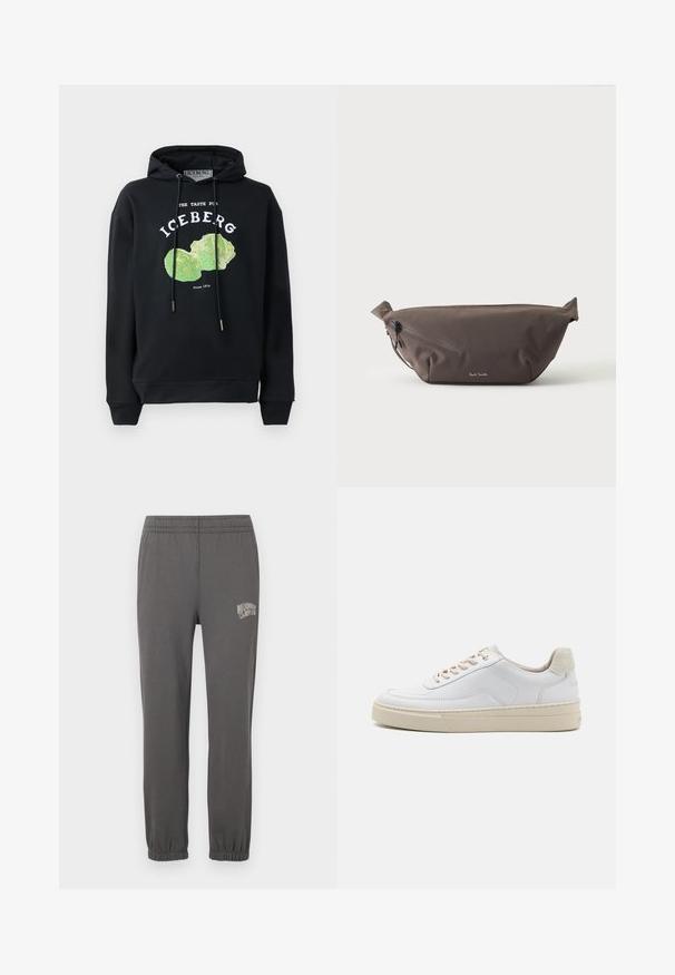 Zwart hoodie met trekkoord en voorop een grafisch ontwerp van een groene ijsbergsla. Bevat bedrukt tekst: "DE SMAAK VAN IJSSLA" en "Sinds 1974."; Grijze sweatpants met een elastische tailleband, taps toelopende boorden en een klein wit logo met de tekst "Billionaire Boy Club" op de linker dij.; Witte sneaker met een gevoerd leren bovenwerk, beige veters en een gestructureerde beige suede hieltab. Verhoogde zool voor extra hoogte.; Donkerbruine stoffen heuptas met diagonale ritssluiting en klein wit logo aan de voorkant, tegen een effen lichte achtergrond.