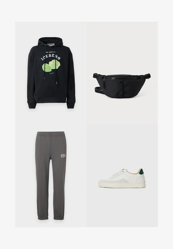Sort hættebluse med snore og frontgrafik af et grønt salatdesign. Har trykte tekster: "SMAGEN FOR ISBERG" og "Siden 1974."; Grå sweatpants med elastisk livrem, tætsiddende manchetter og et lille hvidt logo med teksten "Billionaire Boy Club" på venstre lår.; Hvide sneakers med ruskindsdetaljer, rund tå, flade snørebånd og en cremet gummisål. Har grøn branding på hælen.; Sort Moschino bæltetaske med frontlynlås og justerbar rem på en ensfarvet lys baggrund.