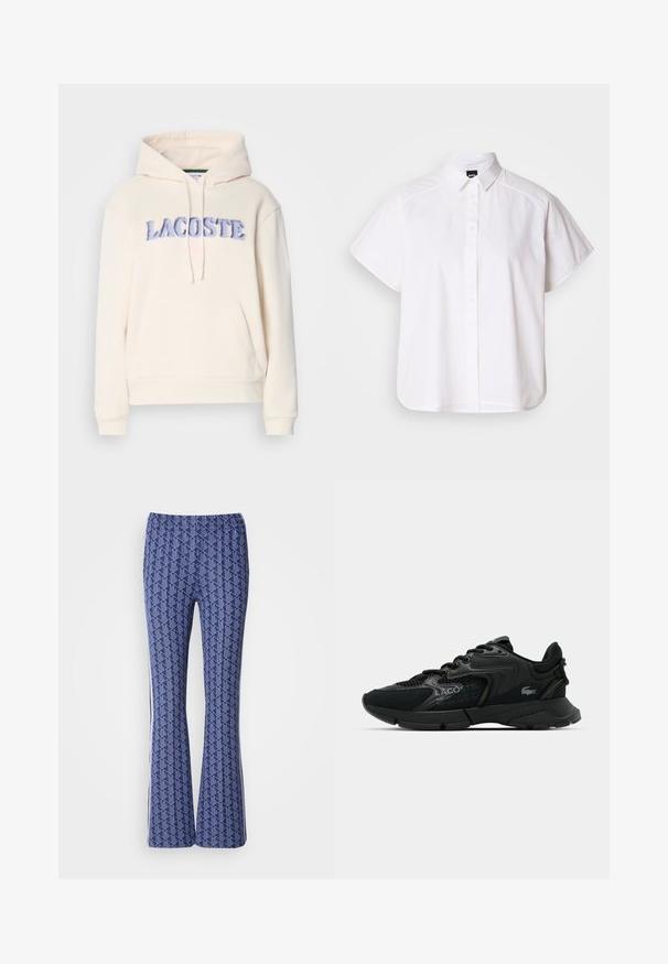Lacoste Jersey con capucha - lapland; Camisa blanca de manga corta con botones, cuello con puntas y dobladillo curvado. Fabricada en algodón con una textura suave y sin patrones visibles.; Pantalones acampanados de color azul con un diseño geométrico, cinturilla elástica y rayas blancas en los laterales. Textura suave en toda su superficie.; Zapatilla deportiva negra con materiales de malla y sintéticos, detalles texturizados, diseño de cordones y un logo prominente en el lateral.
