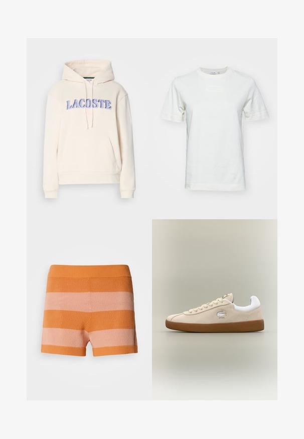 Lacoste Jersey con capucha - lapland; Camiseta blanca de algodón con mangas cortas, cuello redondo y un logo "LACOSTE" texturizado en el frente. Tejido suave con un corte regular.; Pantalones cortos de punto con franjas horizontales anchas alternas en naranja y rosa claro, que presentan una cinturilla y dobladillo acanalados.; Zapatillas de ante beige con acentos blancos y suela de goma. Presentan un logo elevado en el lateral y cordones beige en contraste. Diseño clásico.