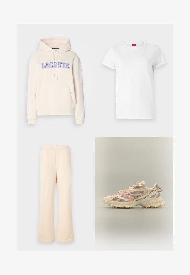 Lacoste Jersey con capucha - lapland; Camiseta blanca de manga corta hecha de algodón ligero. Presenta un escote redondo y mangas enrolladas. Etiqueta de logo roja en el cuello.; Pantalones de chándal de pierna ancha color beige, fabricados en suave algodón, con una cinturilla elástica y un sutil logo bordado en la parte delantera izquierda.; Zapatilla de correr con parte superior de malla en tonos rosa, beige y crema, refuerzos sintéticos, suela gruesa y suela texturizada para agarre, vista lateral.