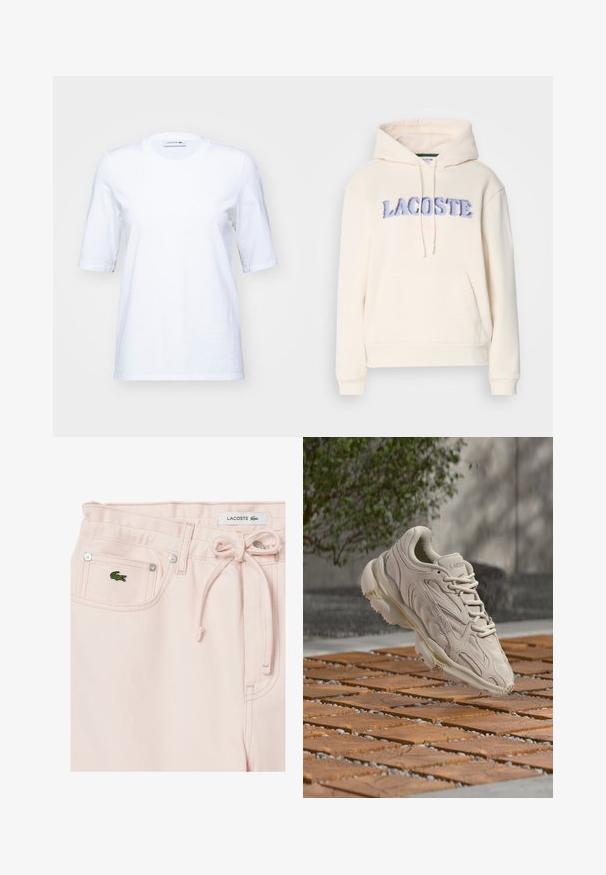 Lacoste Hoodie - lapland; Witte katoenen T-shirt met korte mouwen, ronde halslijn en een subtiele geborduurde logo op de borst. Vlotte textuur, klassieke pasvorm.; Lichtroze denimshorts met een aansnoerbare taille, zilverkleurige hardware en een klein groen Lacoste krokodillenlogo op de voorzak.; Beige Lacoste sneaker met golvend ontwerp en veters, zwevend boven een patroon van houten planken en kiezels buiten.