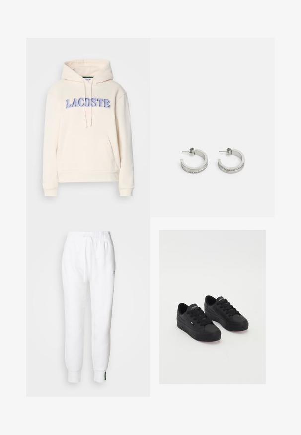 Lacoste Hoodie - lapland; Witte joggingbroek met een elastische tailleband en trekkoord, voorzien van zijzakken en geribbelde boorden. Zacht materiaal met geborduurde logodetails.; Zwarte low-top sneakers van glad materiaal, met dikke veters, een gestructureerde zool en een klein logo aan de zijkant en op de tong.; Zilveren oorringen met een gladde oppervlakte en een rij kleine heldere stenen langs de onderrand, met een achterkant met een knop.
