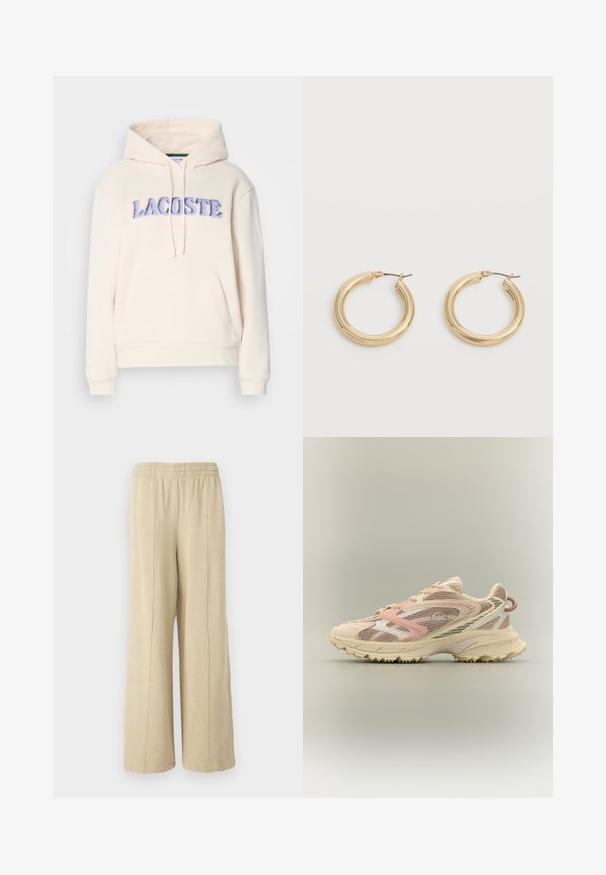 Lacoste Hoodie - lapland; Beige wijde broek met een elastische tailleband en zichtbare zijkanten. Gemaakt van zachte stof met een gladde textuur.; Hardloopschoen met roze, beige en crèmekleurige mesh en synthetische overlays, chunky zool en een getextureerde buitenzool voor grip, zijaanzicht.; Een paar glanzende gouden dikke creolen met metalen pinnen op een lichtgrijze achtergrond.