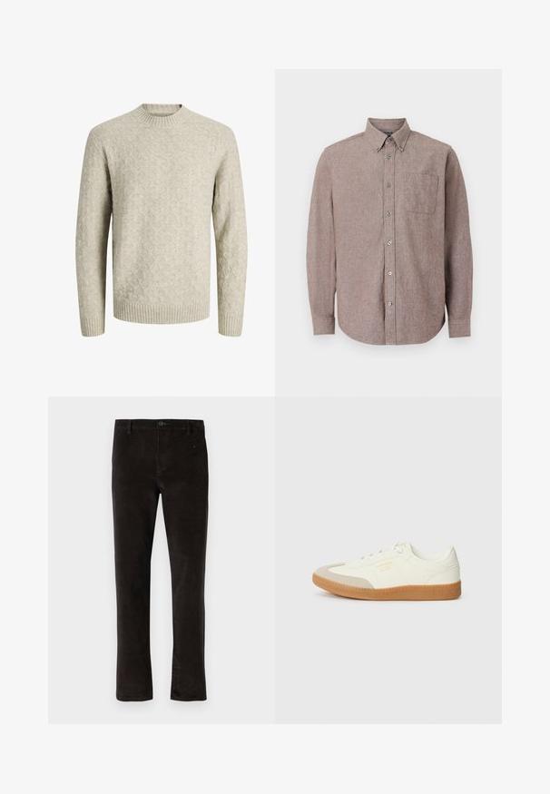 Pull beige clair en maille avec manches longues et un motif subtil en losange, doté de poignets, d'un ourlet et d'un col rond côtelés.; Chemise à manches longues à boutons dans un mauve atténué avec un col à boutons et une poche poitrine unique, présentée sur un fond blanc uni.; Pantalons en velours côtelé noir avec une coupe droite, dotés d'une fermeture à un seul bouton et d'une texture subtile. Style minimaliste sans motifs visibles.; Baskets en cuir blanc avec une coque beige et une semelle en caoutchouc marron clair. Dotées de lacets blancs plats et d'un logo embossé sur le côté.