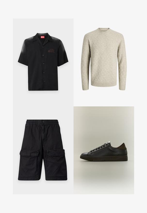 Jersey beige claro de punto con mangas largas y un sutil patrón de diamantes, con puños, dobladillo y cuello redondo acanalados.; Camisa negra de manga corta hecha de tejido suave con un cierre frontal de botones, que presenta un sutil logo en relieve en el lado izquierdo del pecho.; Pantalones cortos negros hechos de tela duradera con una cinturilla elástica, dos grandes bolsillos tipo cargo a cada lado y detalles de costura.; Zapatilla negra de piel de corte bajo con diseño de cordones y suela texturizada, mostrada de perfil sobre fondo neutro.
