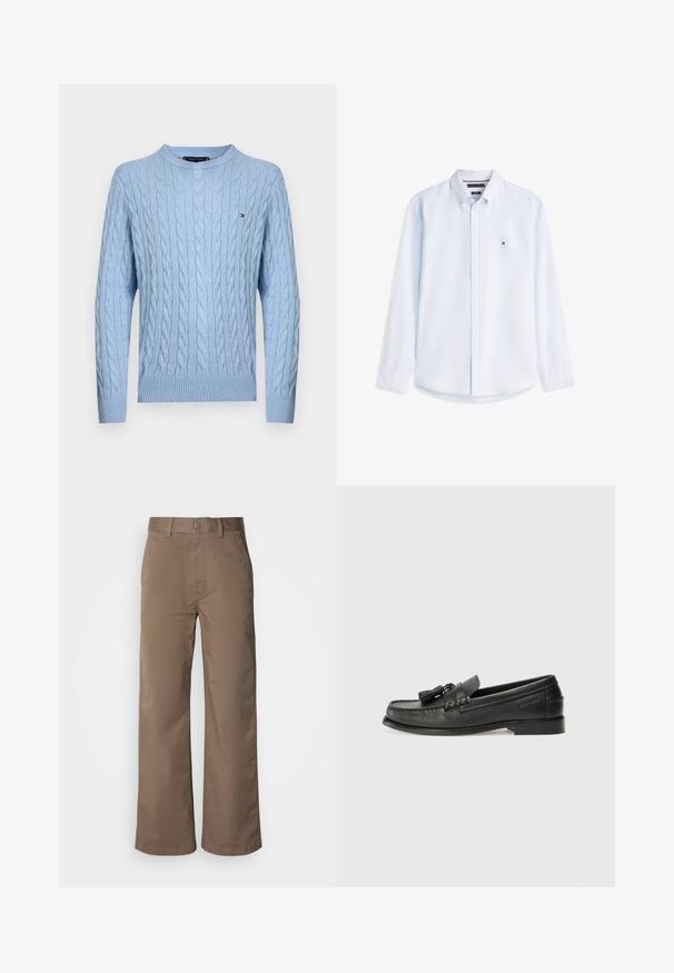 Jersey de punto trenzado de manga larga en azul claro, con puños y dobladillo acanalados, con un pequeño logo de Tommy Hilfiger en el pecho.; Camisa de manga larga de color azul claro con botones y cuello abotonado, con un pequeño logo de Tommy Hilfiger en el lado izquierdo del pecho.; Pantalones de pierna ancha color beige, fabricados en una suave mezcla de algodón, con cierre de botón, trabillas para cinturón y sin patrones visibles. Textura suave.; Mocasines de cuero negro con punta redondeada, borlas decorativas y un diseño cosido. Suela plana con una sutil marca en el lateral.