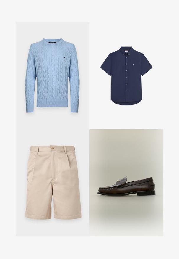 Pull à manches longues en maille torsadée bleu clair avec poignets et ourlet côtelés, avec un petit logo Tommy Hilfiger sur la poitrine.; Chemise bleu marine à manches courtes avec boutons, col boutonné et petit logo sur la poitrine gauche.; Short beige longueur genou avec fermeture avant bouton et zip, passants pour ceinture et poches latérales.; Mocassin en cuir marron foncé avec un petit talon noir, coutures mocassin et une bride décorative sur le dessus.