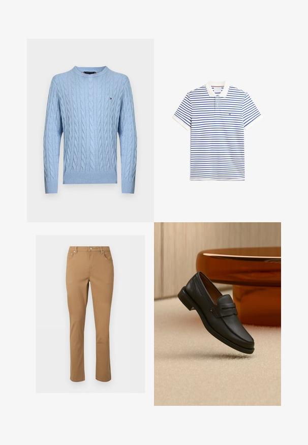 Pull à manches longues en maille torsadée bleu clair avec poignets et ourlet côtelés, avec un petit logo Tommy Hilfiger sur la poitrine.; Polo blanc à manches courtes avec fines rayures horizontales bleues, col blanc et petit logo sur la poitrine gauche.; Pantalon marron à jambes droites avec poches avant, passants ceinture, fermeture éclair et bouton sur un fond clair uni.; Mocassin homme en cuir noir avec une bande sur le dessus, présenté sur un tapis beige près d'une table ronde moderne marron.