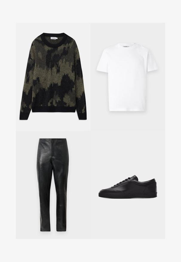 Striktrøje med et sort og olivengrønt camouflage mønster. Klassisk rund hals, ribbestrikket halsudskæring og manchetter, medium tekstur.; Hvid bomulds T-shirt med rund hals og korte ærmer. Har et lille, præget logo på venstre bryst. Glat tekstur.; Sorte faux læderbukser med en diskret krokodillestruktur, lige ben, og høj talje, vist mod en simpel hvid baggrund.; Sort lavtstående lædersneaker med snørebånd foran og flad gummisål, vist fra siden på en ensartet hvid baggrund.