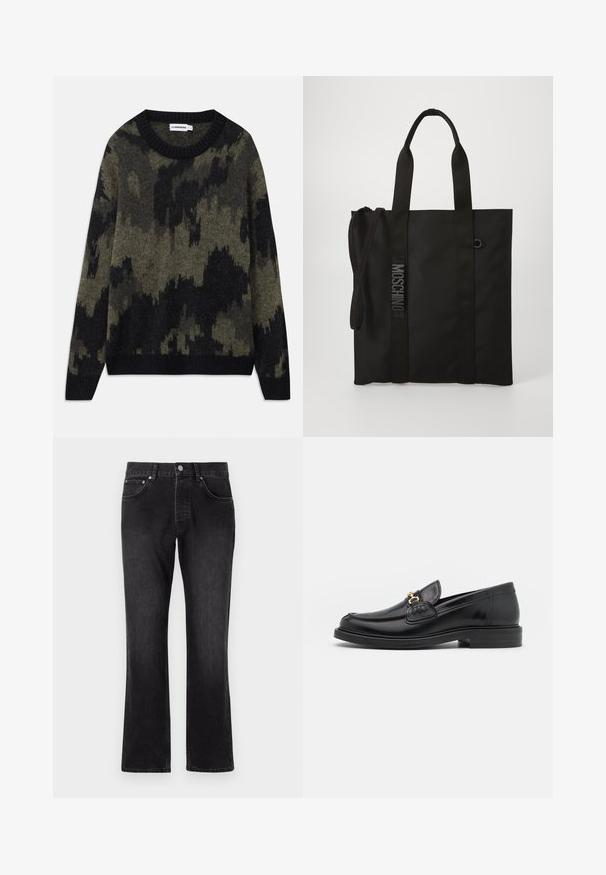 Striktrøje med et sort og olivengrønt camouflage mønster. Klassisk rund hals, ribbestrikket halsudskæring og manchetter, medium tekstur.; Sorte denim jeans med et lige ben-design, der har en mellemhøj talje, forlommer og en klassisk knaplukning.; Sorte læder loafers med en rund tå, der har guld hardware accent og syningsdetaljer, placeret på en lav, tekstureret gummisål.; Sort tote taske lavet af slidstærkt materiale med korte håndtag og en justerbar skulderrem. Har prægede logo langs remmen.