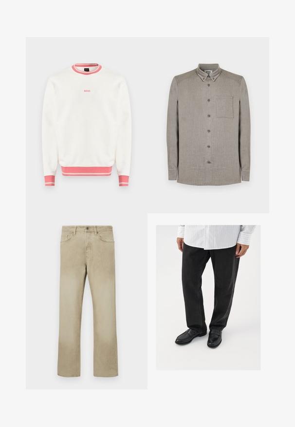 Witte sweatshirt met lange mouwen, voorzien van een roze geribde kraag, manchetten en zoom, met een klein roze "BOSS"-logo in het midden op de borst.; Overhemd met lange mouwen en knopen in lichtgrijze stof met een subtiele textuur, voorzien van een standaardkraag en een borstzak met klep.; Beige katoenen broek met een rechte pijp, voorzien van voorzakken en een klassieke knoopsluiting. Soepele textuur met subtiele vervaging.; Zwarte denim broek gecombineerd met glanzende zwarte instappers. Het shirt is wit met dunne verticale strepen, heeft lange mouwen en een geknoopte kraag.