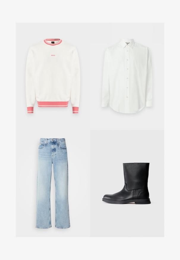 Sweatshirt blanc à manches longues avec col, poignets et ourlet côtelés roses, arborant un petit logo "BOSS" rose centré sur la poitrine.; Chemise blanche à manches longues avec devant boutonné, col classique et poignets, présentée sur un fond clair uni.; Jean large bleu clair à taille haute, avec une finition délavée, des passants de ceinture et un design classique à cinq poches. L'ourlet est brut.; Bottine noire en cuir avec finition texturée, bout rond et semelle en caoutchouc basse. Design simple sans quincaillerie visible ni embellissements.