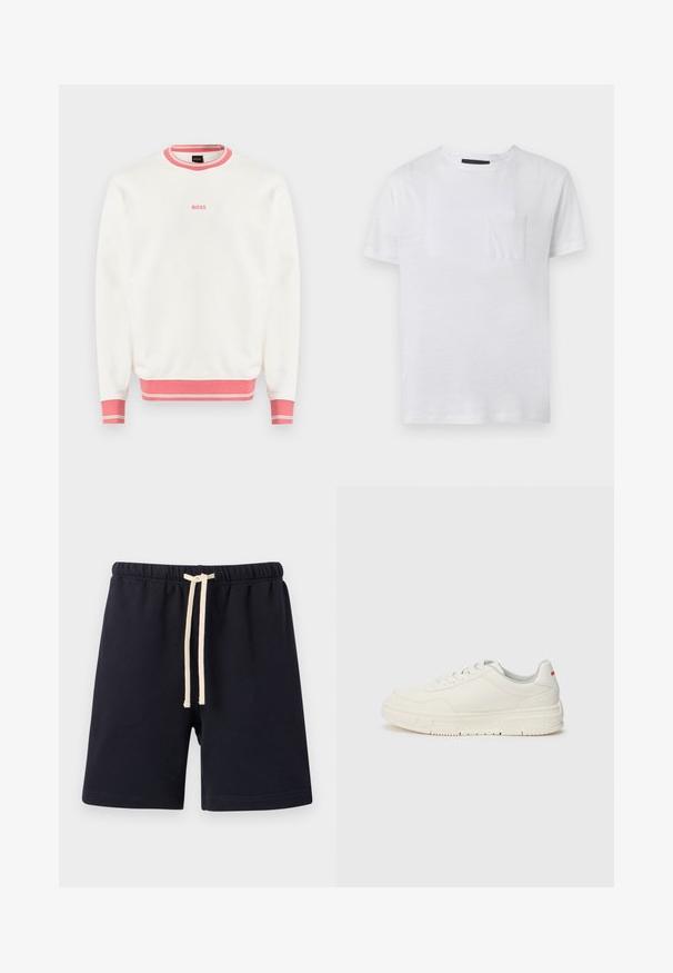 Witte sweatshirt met lange mouwen, voorzien van een roze geribde kraag, manchetten en zoom, met een klein roze "BOSS"-logo in het midden op de borst.; Effen wit T-shirt met korte mouwen en ronde hals, met een klein borstzakje, afgebeeld op een lichtgrijze achtergrond.; Zwarte shorts met elastische taille en een beige trekkoord, knielang, gemaakt van zachte stof tegen een effen lichte achtergrond.; Witte sneakers met een glad leren bovenwerk, ronde neus, platte veters en een gestructureerde rubberen zool. Een rode accent op de hiel.