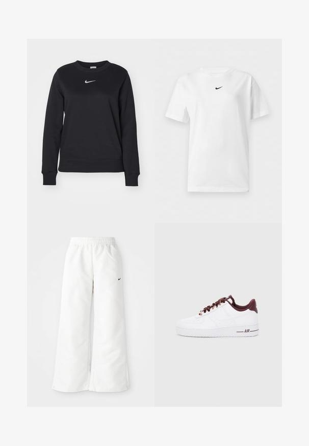 Sort sweatshirt lavet af bomuldsblanding, med ribbede manchetter og kant, rund halsudskæring og sølvfarvet Nike-logo på brystet.; Hvid t-shirt med korte ærmer og rund halsudskæring med et lille sort Nike Swoosh-logo centreret nær kraven.; Hvide atletiske bukser med et bredbenet design, elastisk talje og et lille sort Nike-logo på venstre side. Glat, let materiale.; Hvide læder sneakers med mørkerøde accenter, der har runde snørebånd, en polstret krave og teksturerede gummisåler. "AIR" trykt på siden.