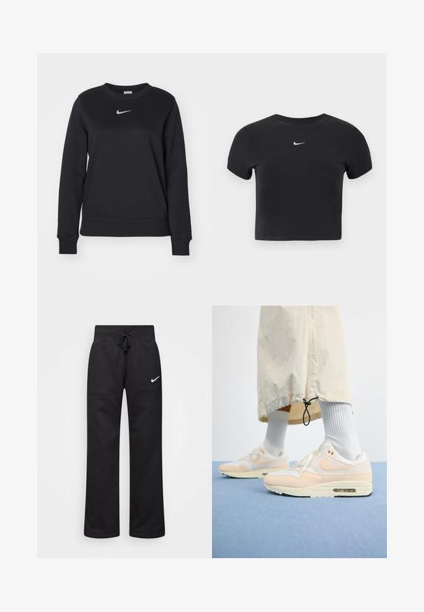 Mustaa puuvillasekoitetakkia, jossa on ribbineulesertankat, pyöreä pääntie ja hopeinen Nike-logo rinnassa.; Musta lyhyt puuvillainen t-paita, jossa pyöreä pääntie ja lyhyet hihat. Rinnan kohdalla näkyy valkoinen Nike-logo.; Mustat collegehousut, jotka on valmistettu puuvillasekoitteesta, joten niissä on kiristettävä vyötärö, suoralahkeisuus ja vasemmalla puolella valkoinen Nike-logo.; Keve Nike Air Max 1 tennarit esittelevät valkoista ja pehmeän persikkaista yläosaa, jossa on verkko- ja nahkamateriaaleja, näkyvän ilmayksikön sekä tekstuurin omaava pohja.