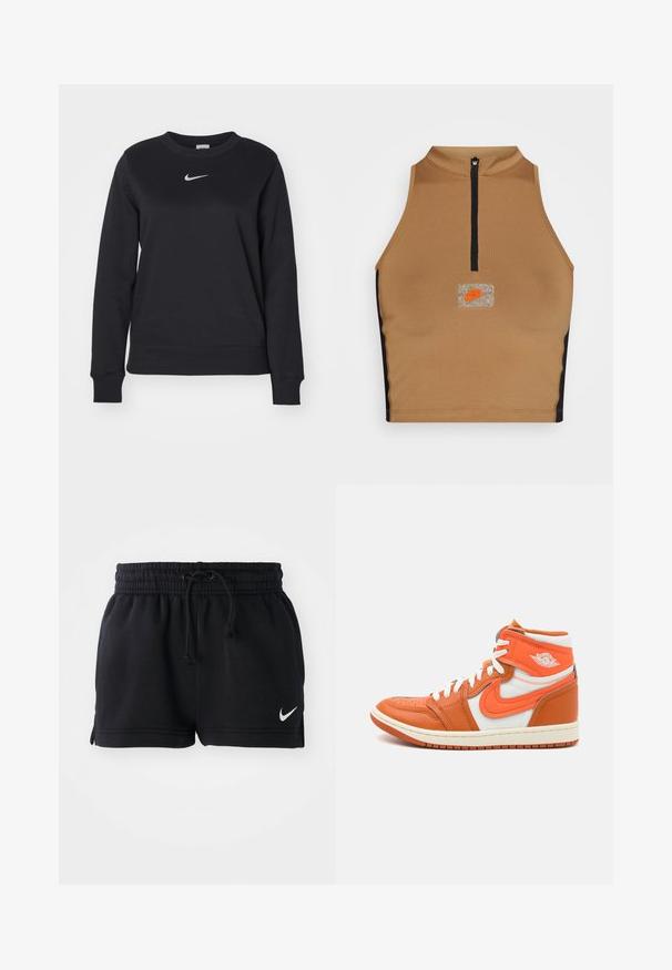 Sort sweatshirt lavet af bomuldsblanding, med ribbede manchetter og kant, rund halsudskæring og sølvfarvet Nike-logo på brystet.; Nike Sportswear Top - driftwood/black; Sorte atletiske shorts lavet af blødt materiale, med en elastisk linning og snor, sideskår og et lille hvidt logo i nederste kant.; Høje sneakers med orange læder og hvide tekstilpaneler, med gummihii og fremtrædende logo-detalje på siden.