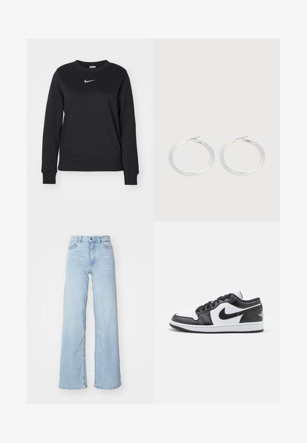 Sweatshirt noir en mélange de coton, avec des poignets et un ourlet côtelés, un col rond et un logo Nike en argent sur la poitrine.; Jeans en denim bleu clair à jambes larges. Dispose d'une taille haute, d'une fermeture à bouton à l'avant et de deux poches. Texture lisse avec un léger dégradé.; Des baskets basses Nike en noir et blanc présentent un cuir lisse sur le dessus, un bout rond, un système de laçage et une semelle extérieure en caoutchouc à motifs.; Paire de boucles d'oreilles créoles argentées brillantes avec fermoirs en fil fin, présentée sur un fond gris clair.