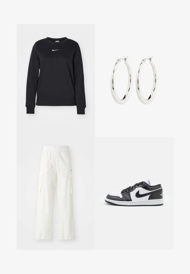 Čierna mikina vyrobená z bavlnenej zmesi, s rebrovanými manžetami a lemom, okrúhlym výstrihom a strieborným logom Nike na hrudi.; Biele cargo nohavice s širokým strihom, vybavené elastickým pásom a bočnými vreckami. Textúrovaná tkanina s hladkým povrchom.; Čierno-biele nízke tenisky Nike majú hladký kožený zvršok, okrúlu špičku, šnurovacie zapínanie a vzorovanú gumovú podrážku.; Strieborné kruhové náušnice s hladkým, lesklým povrchom. Obľúbený tvar, vybavené bezpečným zapínaním. Jednoduchý a elegantný dizajn.