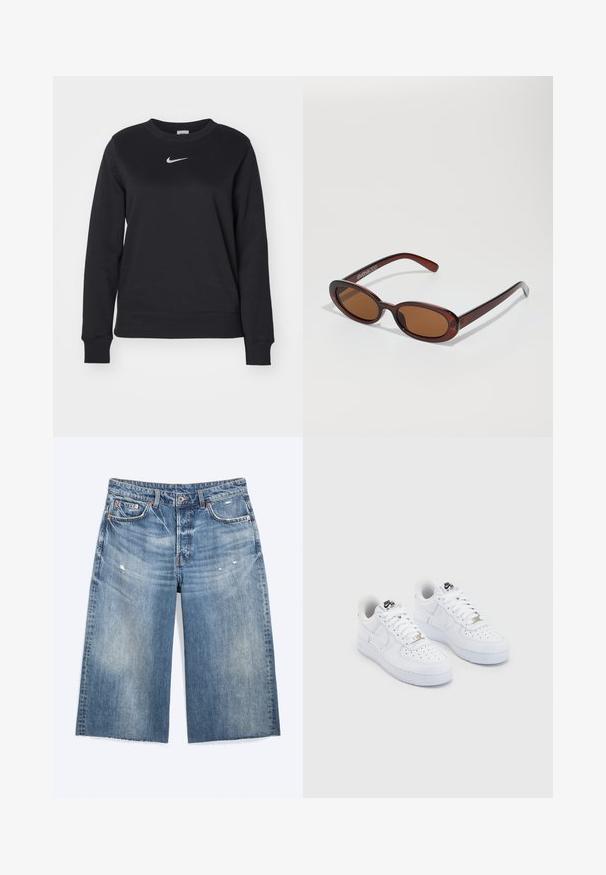 Zwarte sweatshirt van een katoenmix, met geribde cuffs en zoom, ronde halslijn en zilveren Nike-logo op de borst.; Blauwe denim knielange shorts met lichte slijtage, voorzakken, riemlussen en een knoopsluiting.; Witte Nike Air Force 1 sneakers met een glad leren bovenwerk, geperforeerde teenbox, witte veters en zwarte branding op de tong.; Ronde, bruin getinte zonnebril met een glanzend bordeauxrood frame. Slanke pootjes met subtiele merkdetails. Vlakke lensontwerp.