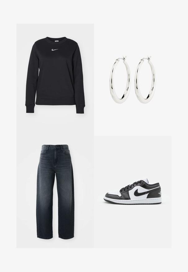 Schwarzes Sweatshirt aus Baumwollmischung mit gerippten Bündchen und Saum, rundem Ausschnitt und silbernem Nike-Logo auf der Brust.; Weite Jeans in dunkelblauem Denim, mit hoher Taille, klassischem Knopf- und Reißverschluss und subtilen Ausbleichungen an der Vorderseite.; Schwarz-weiße Nike Low-Top-Sneaker verfügen über ein glattes Leder-Obermaterial, eine runde Zehenpartie, eine Schnürung und eine gemusterte Gummisohle.; Silberne Creolen mit einer glatten, glänzenden Oberfläche. Kreisform, ausgestattet mit einem sicheren Verschluss. Einfaches und elegantes Design.