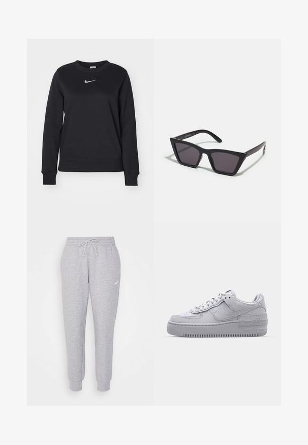 Zwarte sweatshirt van een katoenmix, met geribde cuffs en zoom, ronde halslijn en zilveren Nike-logo op de borst.; Lichtgrijze sweatpants met een trekkoord bij de taille, taps toelopende benen en een klein wit logo op de linkerdij. Gemaakt van een zachte, gestructureerde stof.; Grijze Nike Air Force 1 sneaker met geperforeerde neus, glad leren bovenwerk, dikke zool en verhoogde 'AIR' details op de hiel.; Zwarte, hoekige zonnebril met grijze lenzen; gemaakt van plastic, met dikke armen met een gladde oppervlakte en zonder zichtbare hardware.