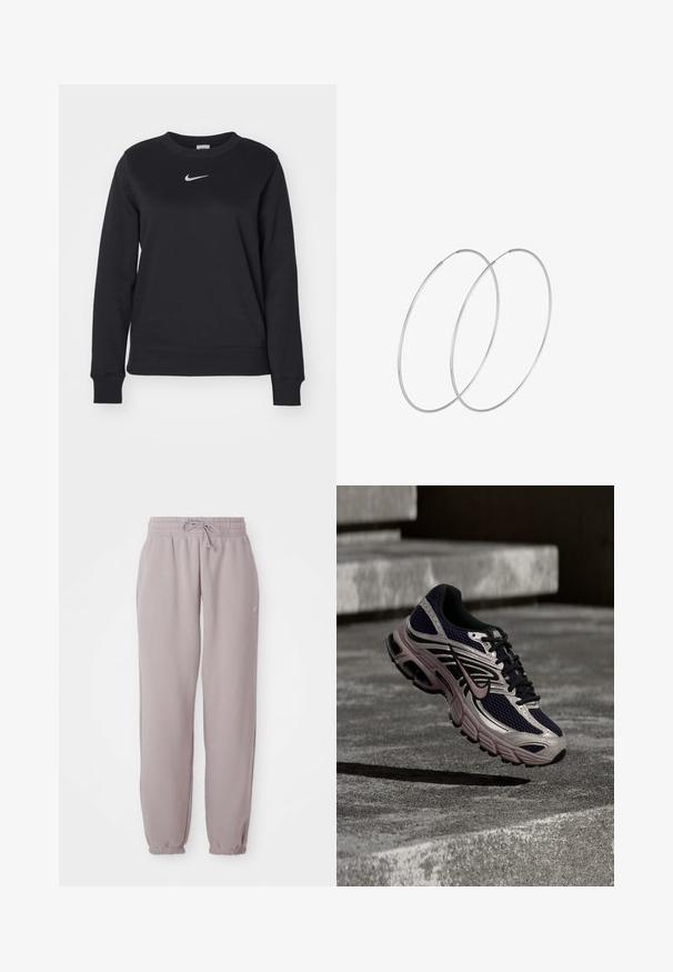 Zwarte sweatshirt van een katoenmix, met geribde cuffs en zoom, ronde halslijn en zilveren Nike-logo op de borst.; Licht paarse fleece joggingbroek met elastische tailleband, trekkoord, zijzakken en elastische boorden, plat weergegeven tegen een witte achtergrond.; Nike hardloopschoen in zwart en grijs met roze accenten, zwevend boven een betonnen oppervlak en trappen in een schaduwrijke buitenomgeving.; Zilveren hoepel oorbellen met een minimalistisch ontwerp. Cirkelvormig, gladde textuur en dun profiel. Lichtgewicht met een gepolijste afwerking.