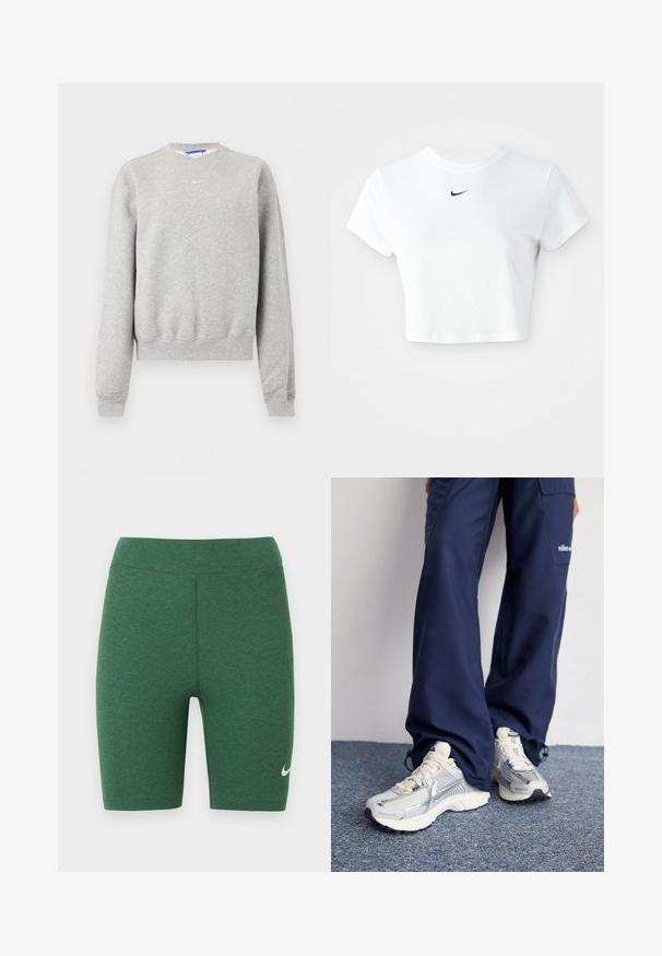 Sudadera gris claro de manga larga con cuello redondo, puños y bajo acanalados, con pequeño logo blanco de Nike Swoosh en el pecho.; Camiseta corta blanca de algodón, con mangas cortas y cuello redondo, y un logo negro de Nike en el pecho.; Pantalones cortos deportivos verdes hechos de tela elástica. Diseño de cintura alta con costuras planas y un logo blanco de Nike en la parte inferior de la pierna izquierda.; Zapatillas deportivas Nike con parte superior de malla plateada, acentos blancos y suelas texturizadas, combinadas con pantalones azul marino de corte holgado.