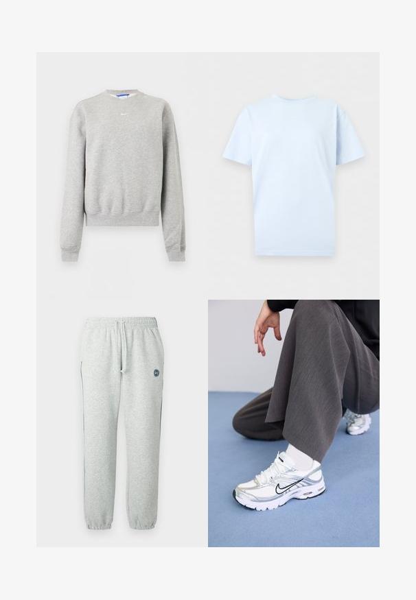 Sweat-shirt gris clair à manches longues avec col rond, poignets et ourlet côtelés, avec un petit logo Nike Swoosh blanc sur la poitrine.; T-shirt bleu clair à manches courtes et col rond avec un petit logo Nike swoosh blanc centré sur la poitrine.; Pantalon de survêtement gris en tissu doux, doté d'une taille élastique avec cordon de serrage, de poignets ajustés et d'un détail logo sur la cuisse.; Baskets de sport blanches et argentées avec des matériaux en maille et synthétiques, dotées de lignes d'accent noir, de lacets et de semelles texturées.