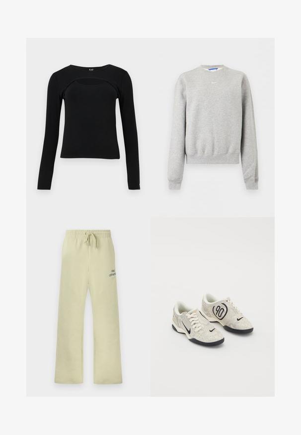 Sweat-shirt gris clair à manches longues avec col rond, poignets et ourlet côtelés, avec un petit logo Nike Swoosh blanc sur la poitrine.; Haut noir à manches longues ajusté avec un col rond et une découpe incurvée sur la partie supérieure de la poitrine, étiquette GAP à l'intérieur du col.; Pantalon de survêtement beige Nike avec ceinture élastique, cordon de serrage, coupe ample, et le texte "nike athletics" avec le logo swoosh sur la cuisse gauche.; Baskets Nike avec une tige texturée beige et grise, des accents noirs, un grand logo "90" et un laçage blanc. Semelle noire.