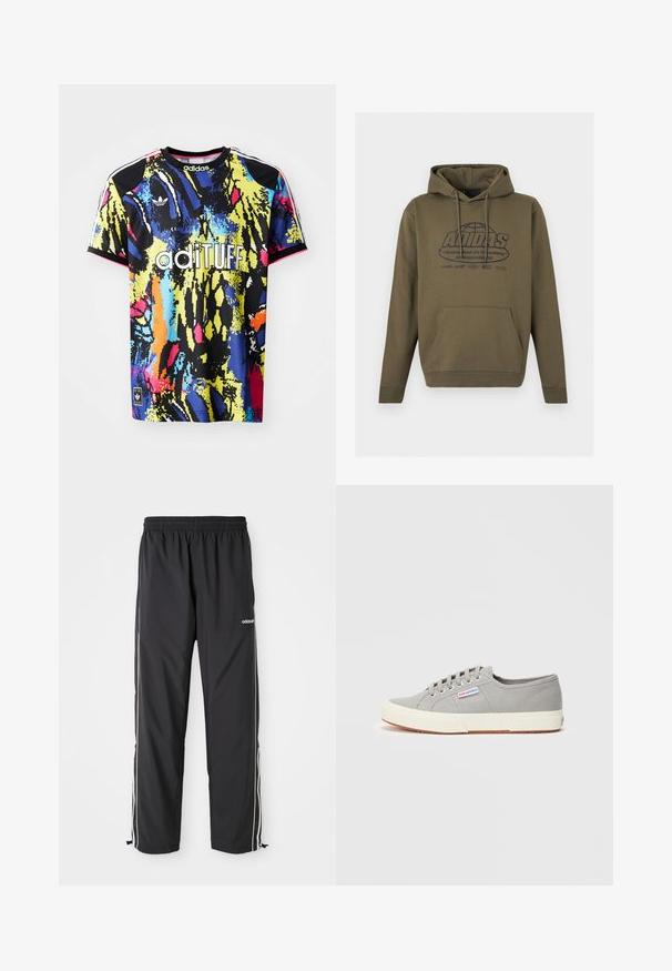 Olijfgroene hoodie met voorzak en trekkoorden, met een wereldbolafbeelding en de tekst "ADIDAS" met extra kleinere opdruk op de borst.; Multikleurige adidas sporttrui met een levendig abstract patroon, korte mouwen, ronde hals en het "adituff" logo op de voorkant.; Zwarte sportieve broek van lichtgewicht stof, met witte zijstrepen, een elastische tailleband en verstelbare enkelmanchetten.; Lichtgrijze lage canvas sneaker met witte rubberen zool en veters, met een klein label aan de zijkant met de merknaam "Superga."