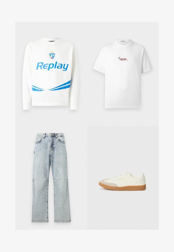 Biely mikina s modrým logom "Replay", tímovým erbom so hviezdami a modrými diagonálnymi pruhmi na páse a rukávoch. Mäkká textúra.; Biele tričko s krátkym rukávom s malým čiernym logom "REPLAY®" s červeným obrysom a dvoma čiernymi trblietavými ikonami na hrudi.; Svetlo modré džínsy s voľným strihom, vyblednutou textúrou, piatimi vreckami a zapínaním na gombík v páse. Ploché švy a široké nohavice.; Tenisky vyrobené z bielej kože s béžovou špičkou a svetlohnedou gumovou podrážkou. Majú ploché biele šnúrky a embosované logo na boku.